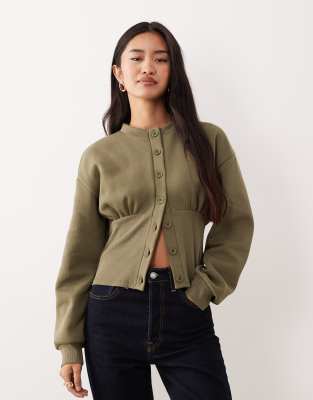 Asos Design Cinched Detail Rib Insert Sweat Button Through In Green