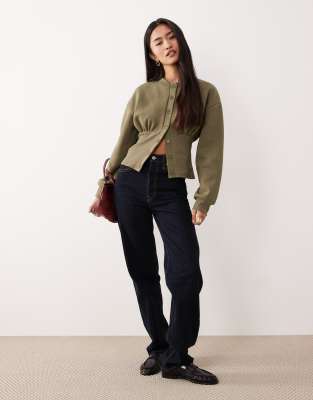 Asos Design Cinched Detail Rib Insert Sweat Button Through In Green