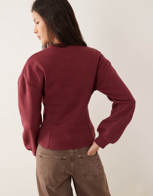 ASOS DESIGN cinched detail rib insert sweat in burgundy, 4 of 4
