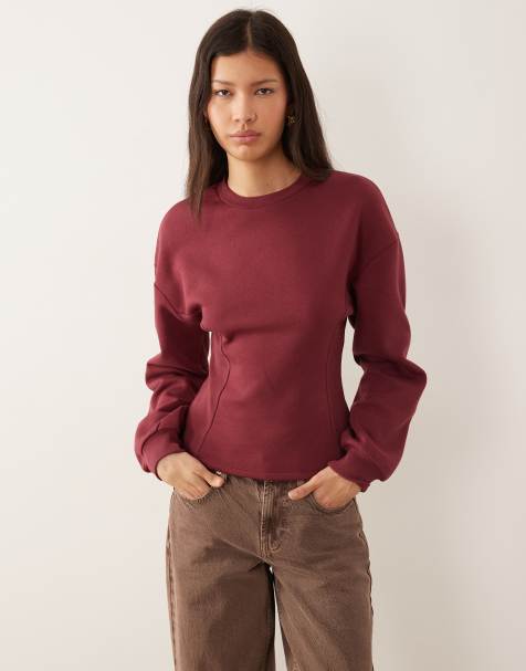 ASOS DESIGN cinched detail ribbed insert sweatshirt in burgundy - view 1