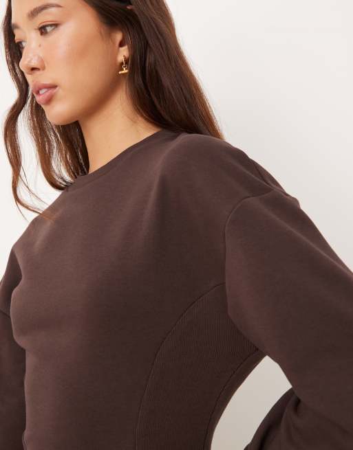 ASOS DESIGN cinched detail ribbed insert sweatshirt in chocolate