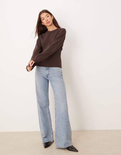 ASOS DESIGN cinched detail ribbed insert sweatshirt in chocolate, 3 of 4
