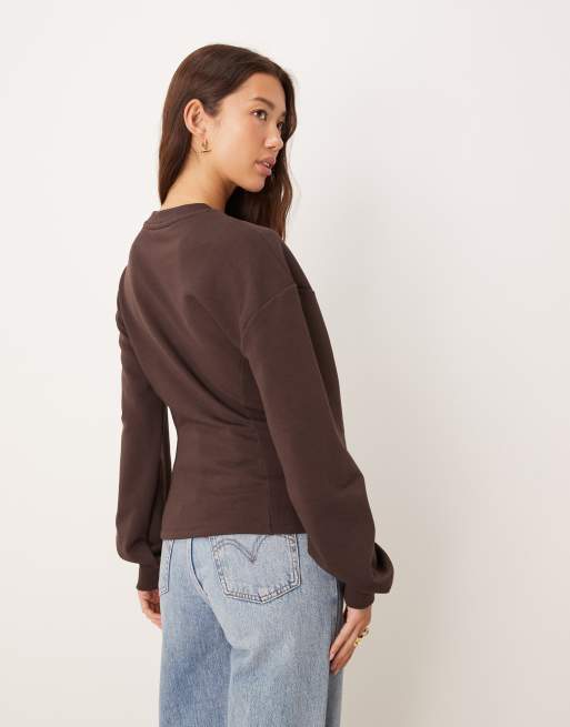 ASOS DESIGN cinched detail ribbed insert sweatshirt in chocolate