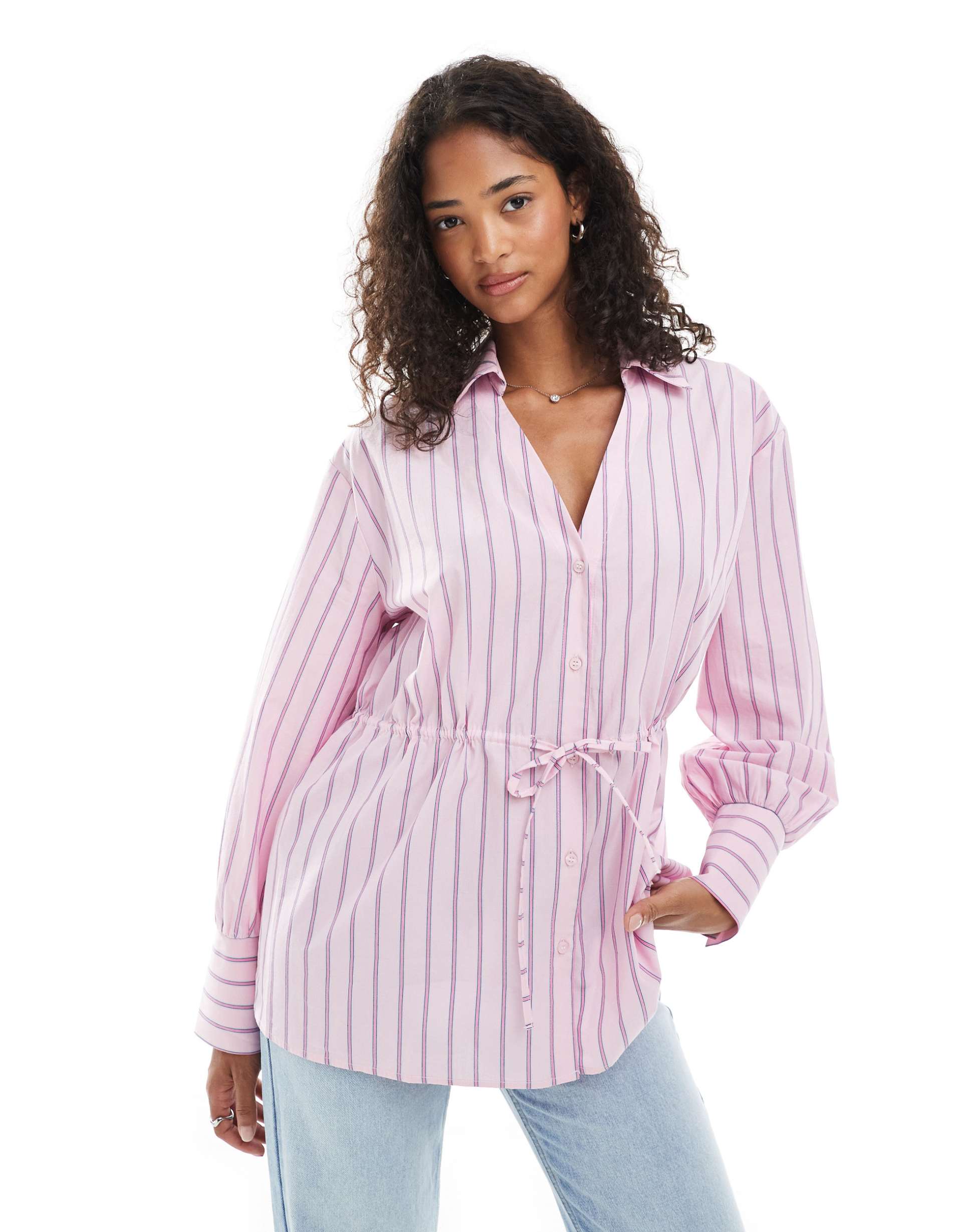 asos design cinched drawstring waist shirt in pink stripes