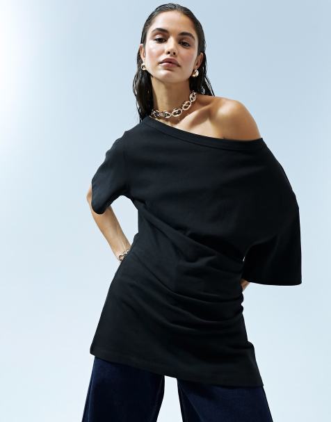 ASOS DESIGN cinched in slash neck one shoulder top in black - view 1
