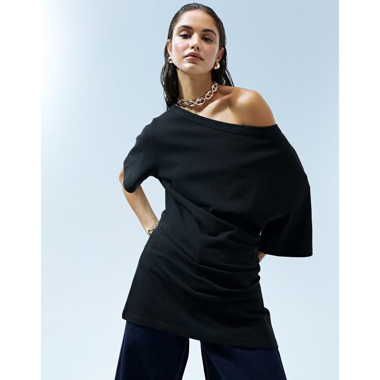 ASOS DESIGN cinched in slash neck one-shoulder top in black