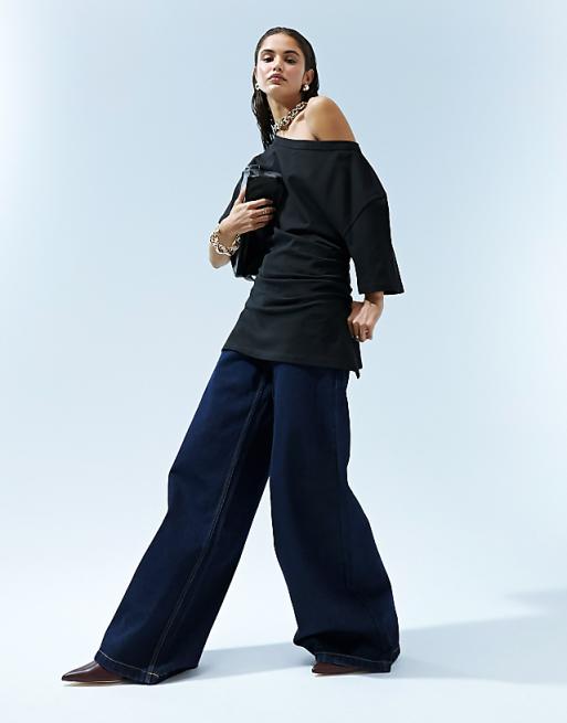 ASOS DESIGN cinched in slash neck one shoulder top in black ASOS DESIGN cinched in slash neck one shoulder top in black