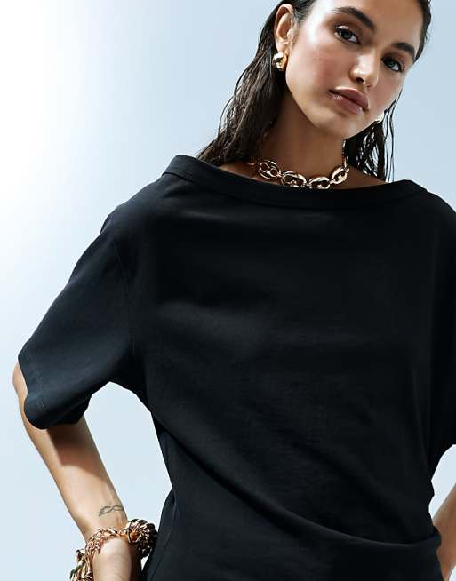 ASOS DESIGN cinched in slash neck one-shoulder top in black ASOS DESIGN cinched in slash neck one-shoulder top in black