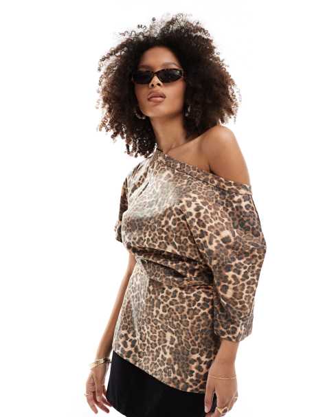 ASOS DESIGN cinched in slash neck one shoulder top in leopard print - view 1