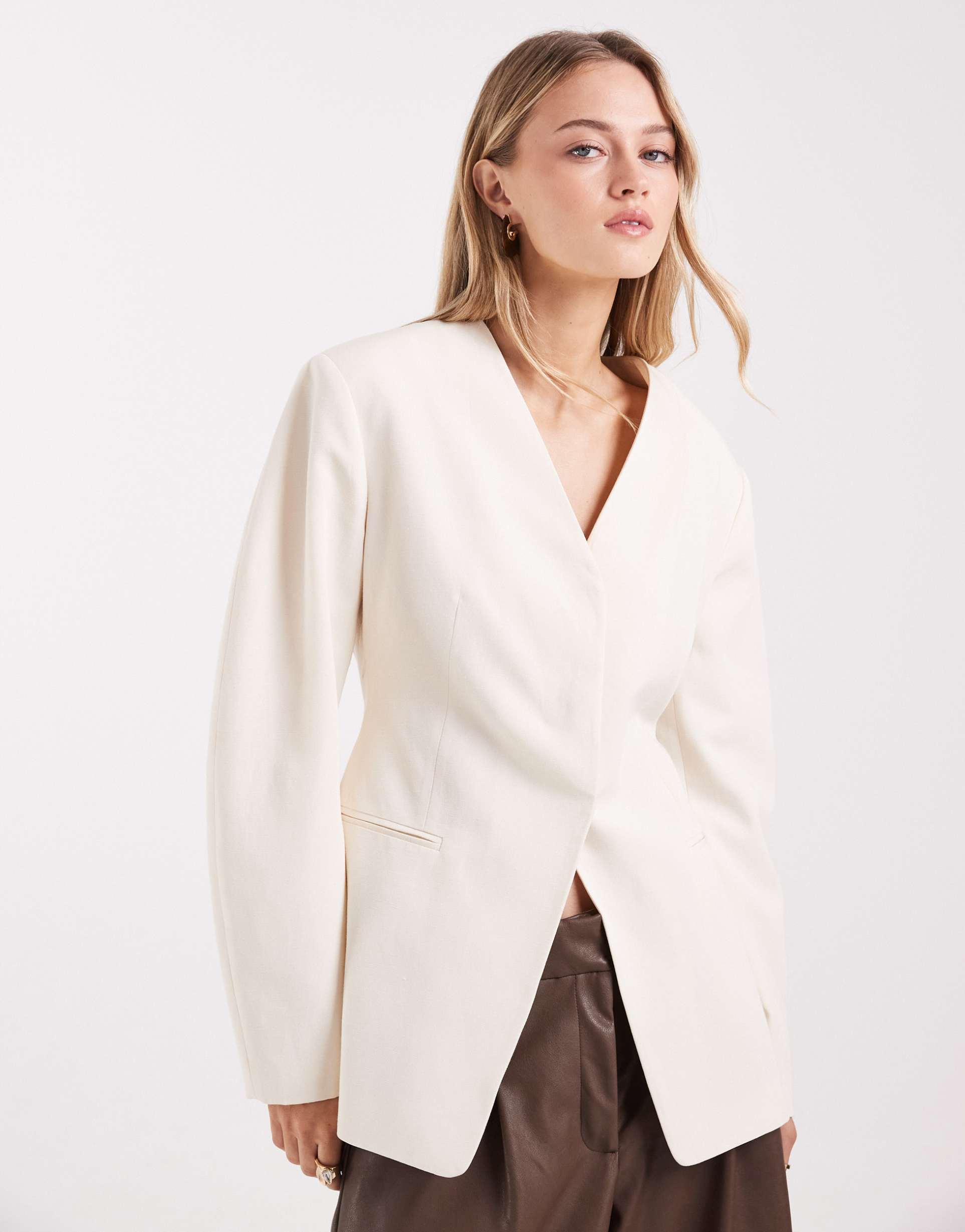 asos design cinched linen look blazer in cream