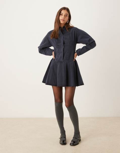 ASOS DESIGN cinched long sleeve mini shirt dress in navy