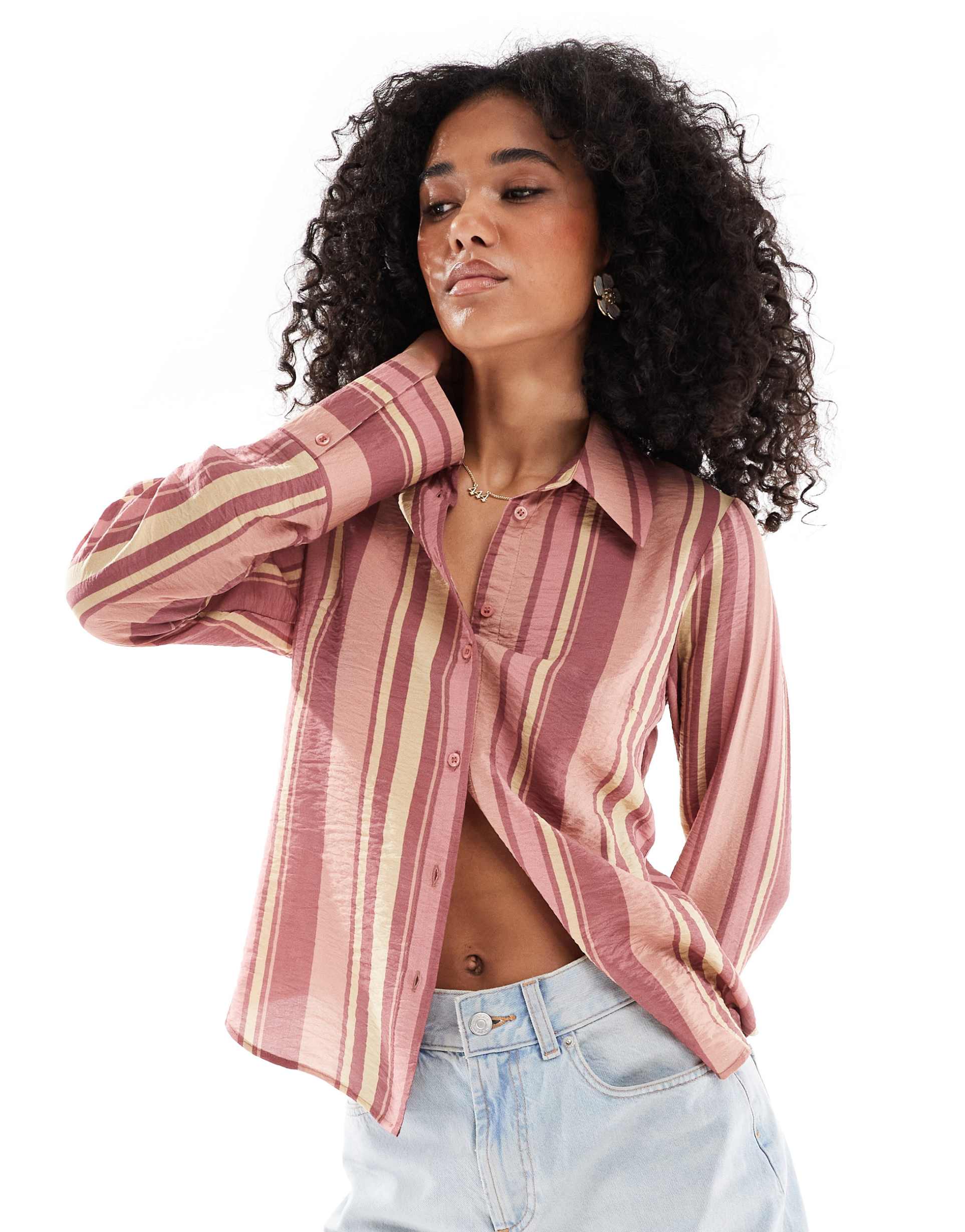 asos design cinched long sleeve shirt in pink stripes