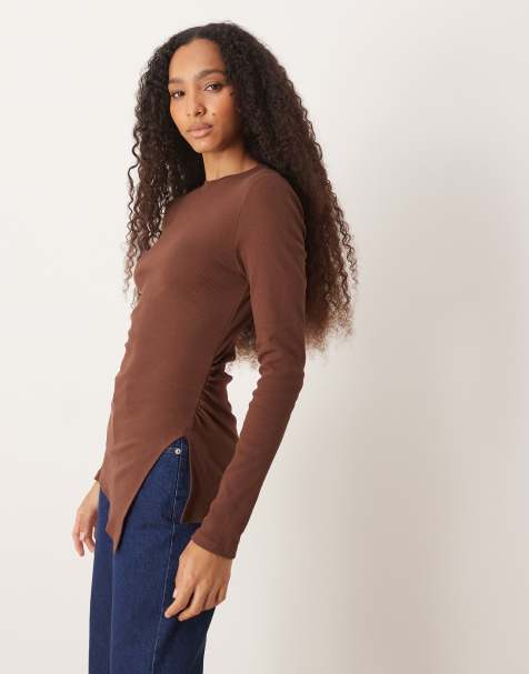 ASOS DESIGN cinched long sleeve t-shirt in chocolate brown - view 1