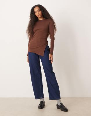 Asos Design Cinched Long Sleeve T-shirt In Brown