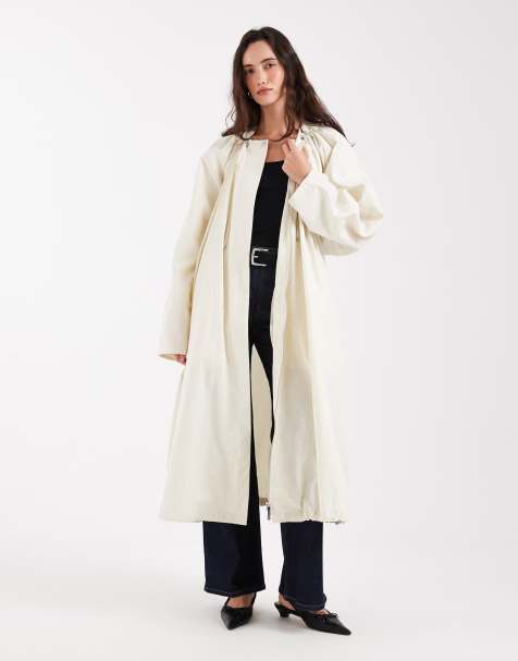 ASOS DESIGN cinched longline bubble hem trench coat in stone - view 1