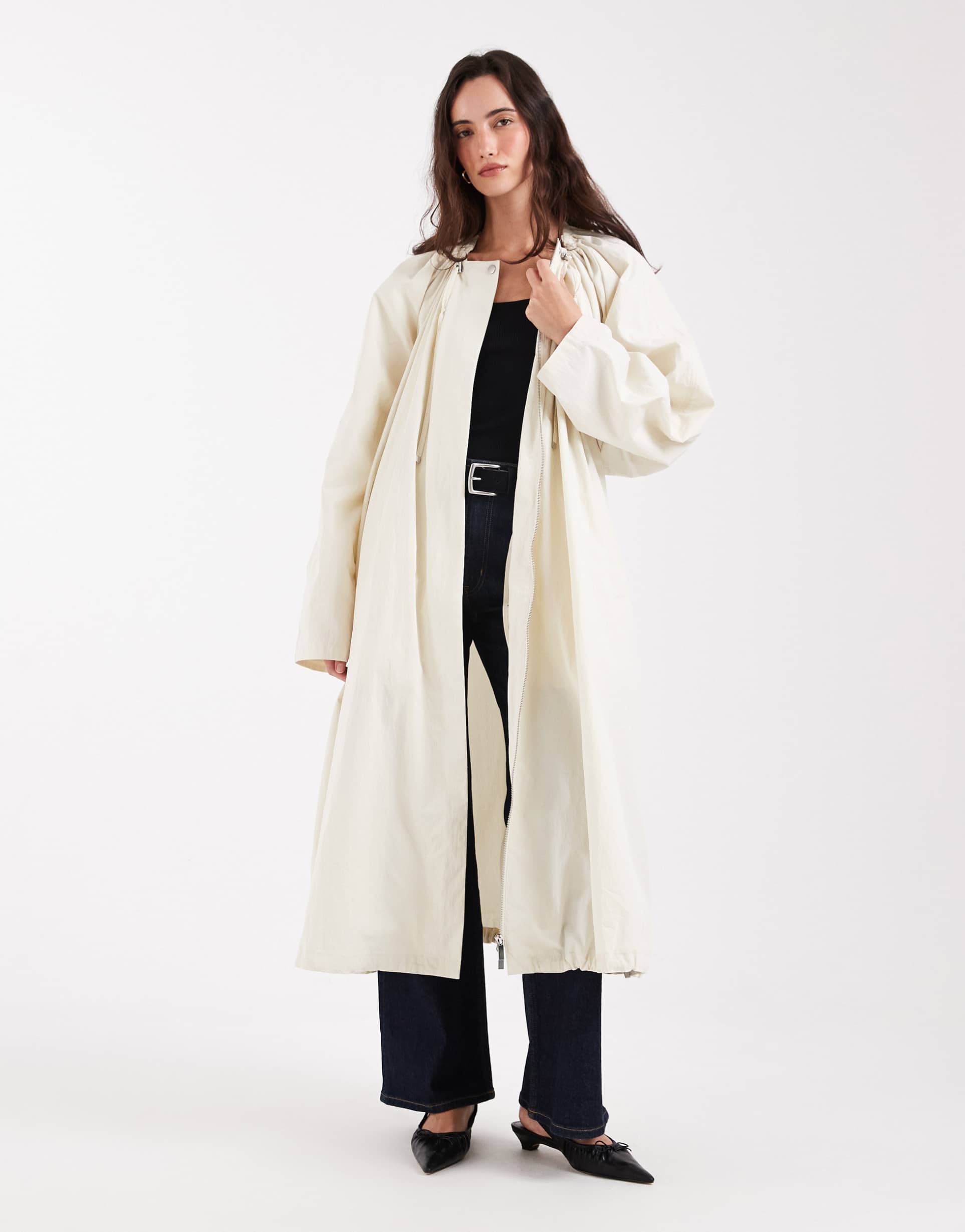 asos design cinched longline bubble hem trench coat in stone