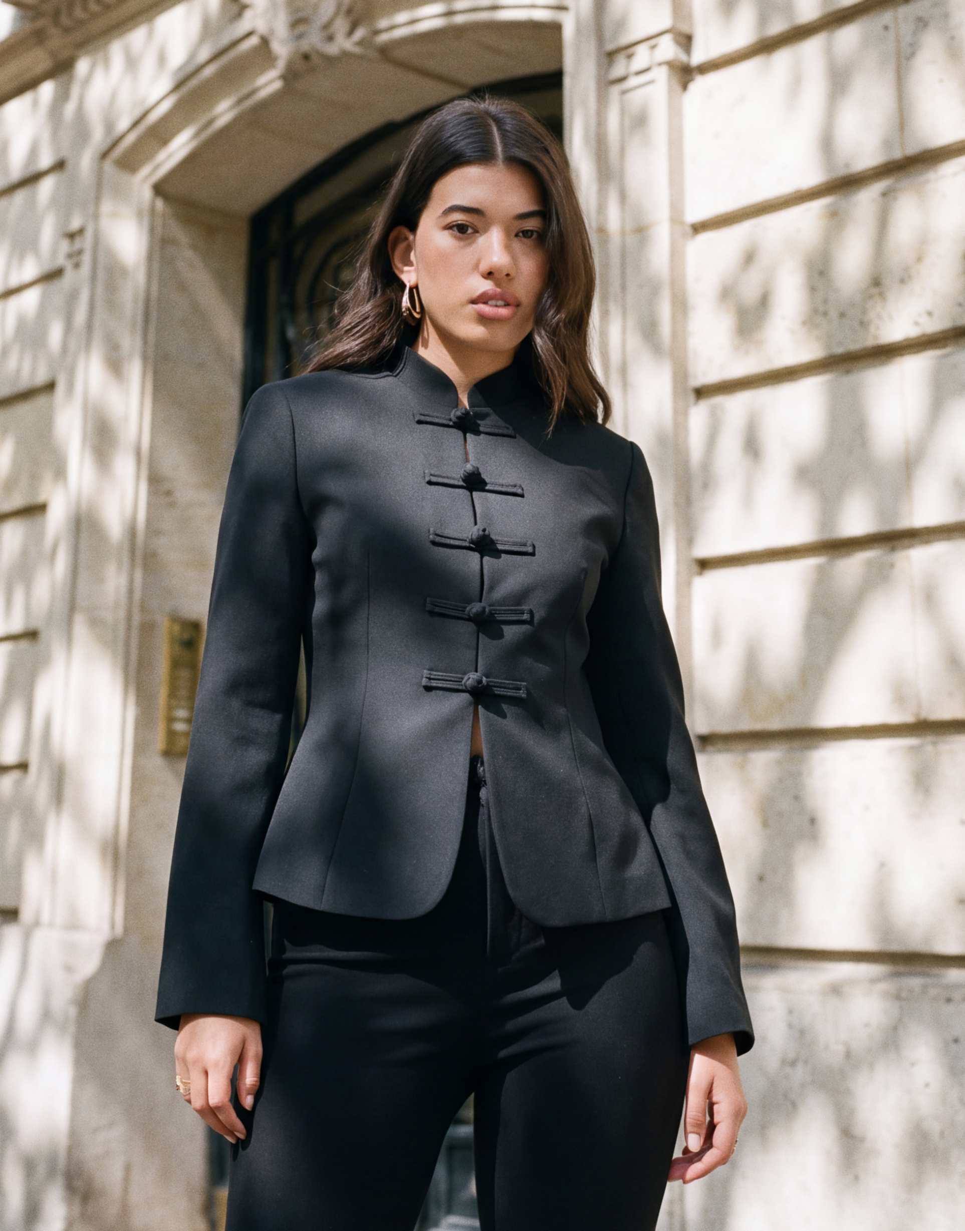 asos design cinched mandarin collar blazer in black