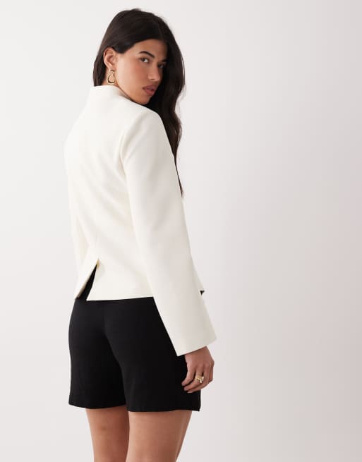ASOS DESIGN cinched mandarin collar blazer in ivory, 3 of 4