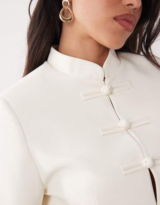 ASOS DESIGN cinched mandarin collar blazer in ivory, 4 of 4
