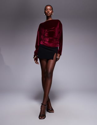 Asos Design Cinched Off Shoulder Asymmetric Velvet Top In Red