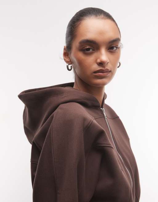 ASOS DESIGN cinched panelled zip up hoodie in brown, 3 of 4