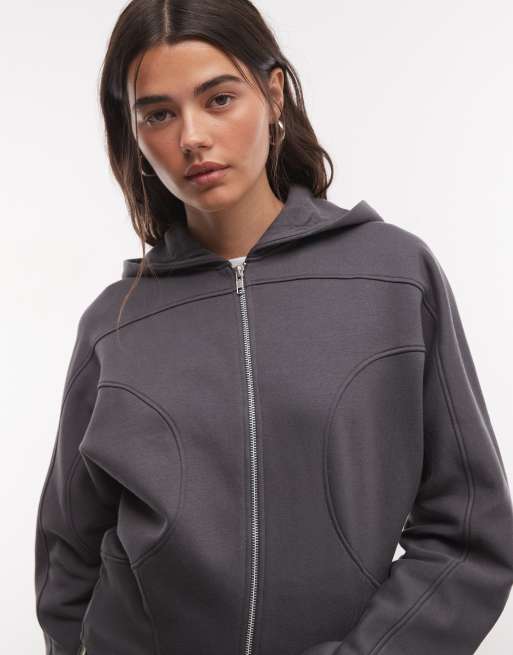 ASOS DESIGN cinched panelled zip up hoodie in charcoal, 3 of 4