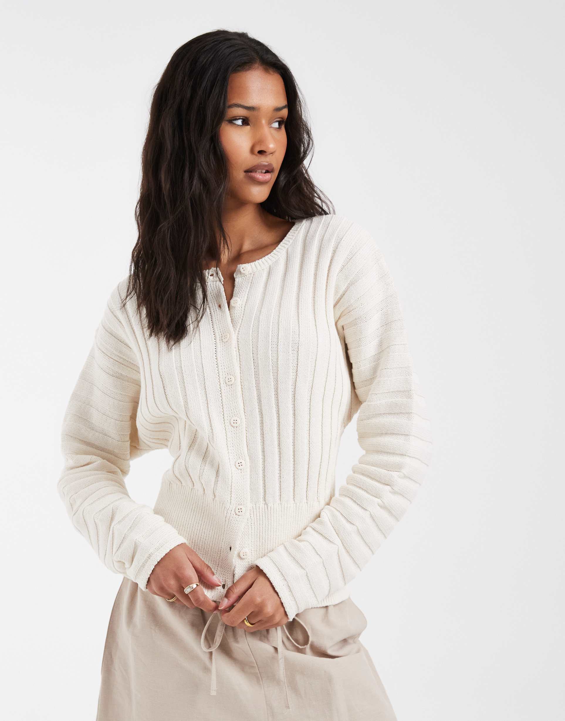 asos design cinched pleated cardigan in ecru