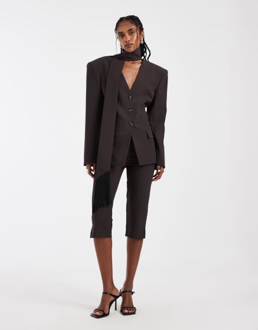 ASOS DESIGN cinched scarf detail fringed blazer set in chocolate, 2 of 3