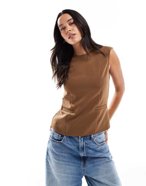ASOS DESIGN cinched seam and pocket detail top in mocha - view 1
