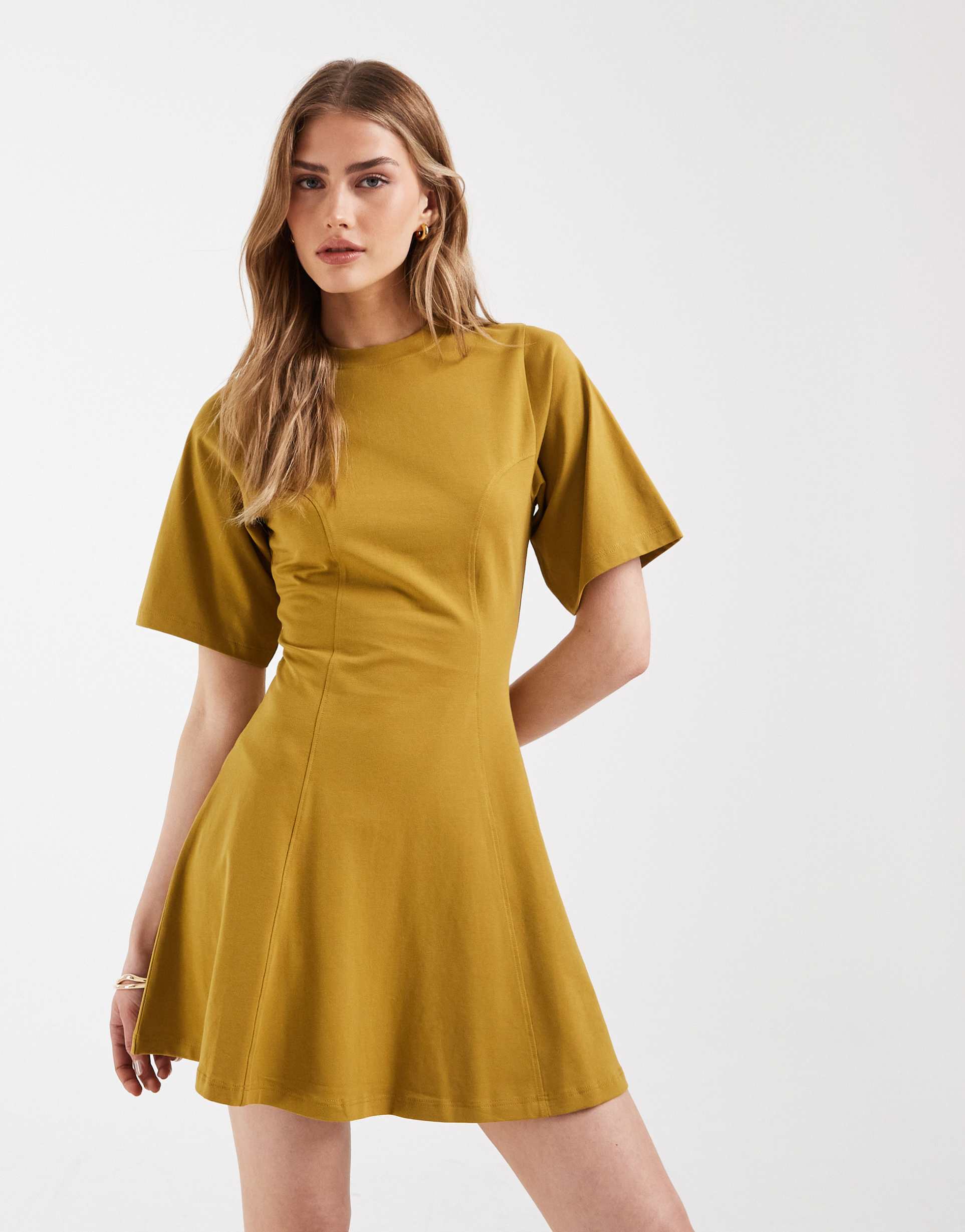 asos design cinched seam detailing mini dress in olive