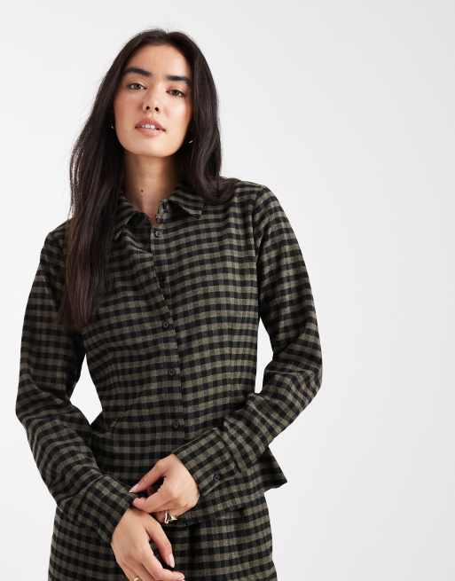 ASOS DESIGN cinched shirt in black & khaki check (Part of a set)