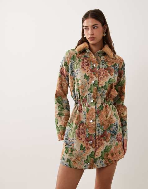 ASOS DESIGN cinched shirt mini dress with detachable fur collar in floral tapestry - view 1