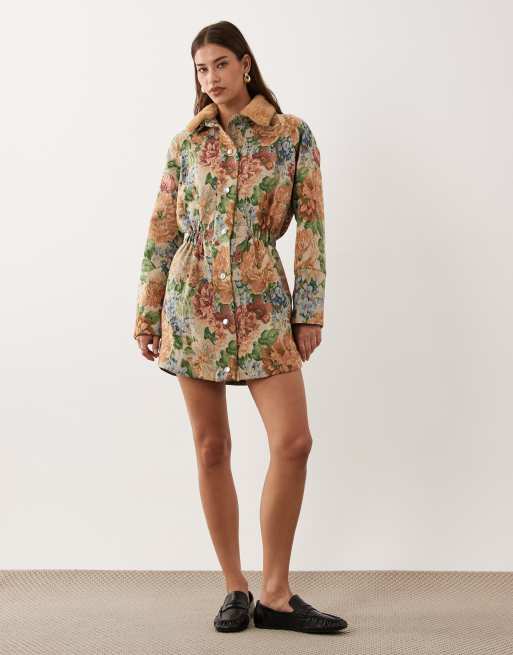 ASOS DESIGN cinched shirt mini dress with detachable fur collar in floral tapestry, 2 of 4