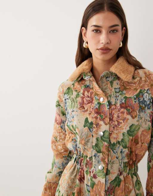 ASOS DESIGN cinched shirt mini dress with detachable fur collar in floral tapestry, 3 of 4