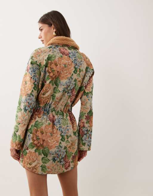 ASOS DESIGN cinched shirt mini dress with detachable fur collar in floral tapestry, 4 of 4