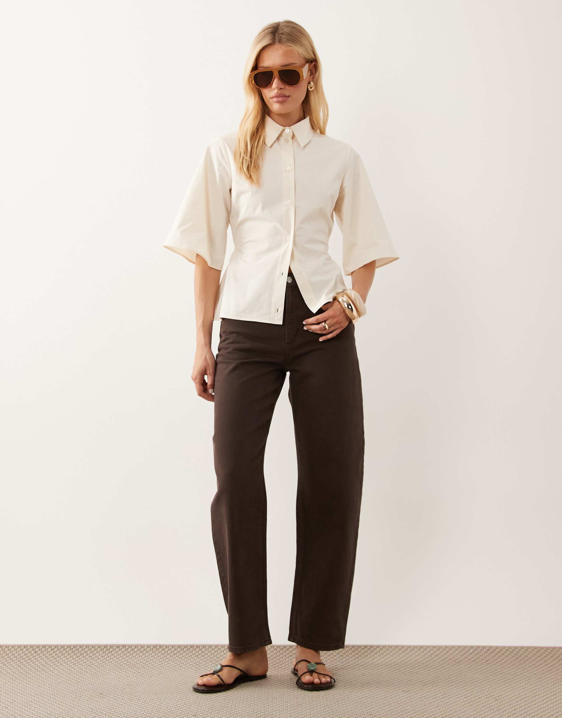 asos design cinched shirt with short sleeve in ivory