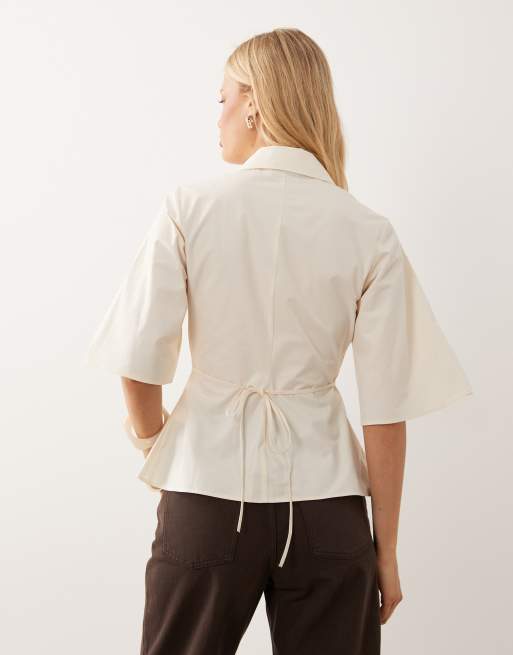 ASOS DESIGN cinched shirt with short sleeve in ivory, 4 of 4