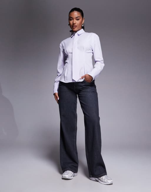 ASOS DESIGN cinched shirt with tie in blue