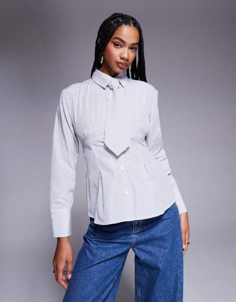 ASOS DESIGN cinched shirt with tie in stripe - view 1