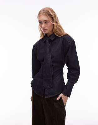 Asos Design Cinched Shoulder Pad Denim Shirt With Tie In Blue