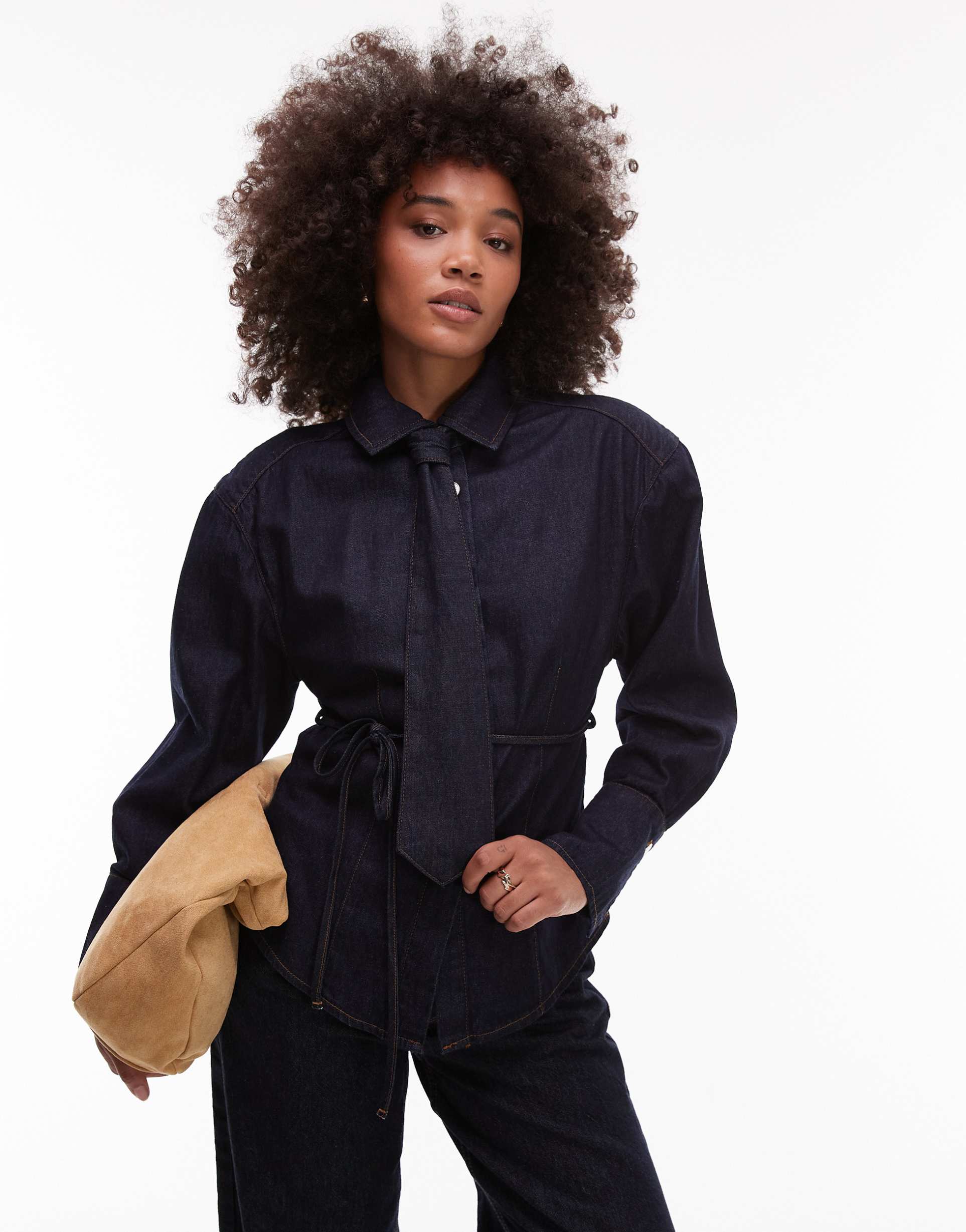 asos design cinched shoulder pad denim shirt with tie in rinse wash