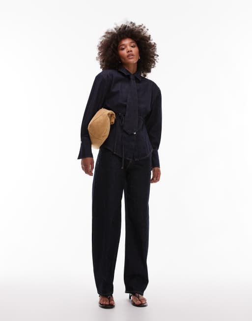 ASOS DESIGN cinched shoulder pad denim shirt with tie in rinse wash
