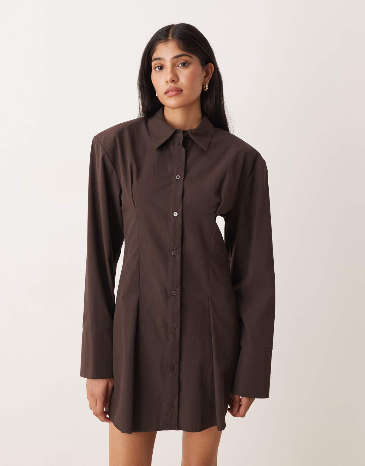 ASOS DESIGN cinched shoulder pad shirt mini dress in brown