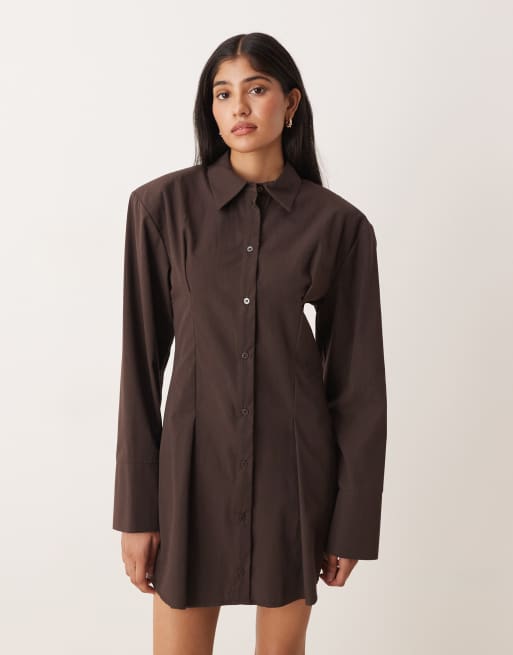 ASOS DESIGN cinched shoulder pad shirt mini dress in brown