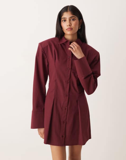 ASOS DESIGN cinched shoulder pad shirt mini dress in burgundy - view 1