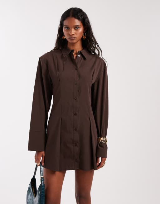 ASOS DESIGN cinched shoulder pad shirt mini dress in chocolate