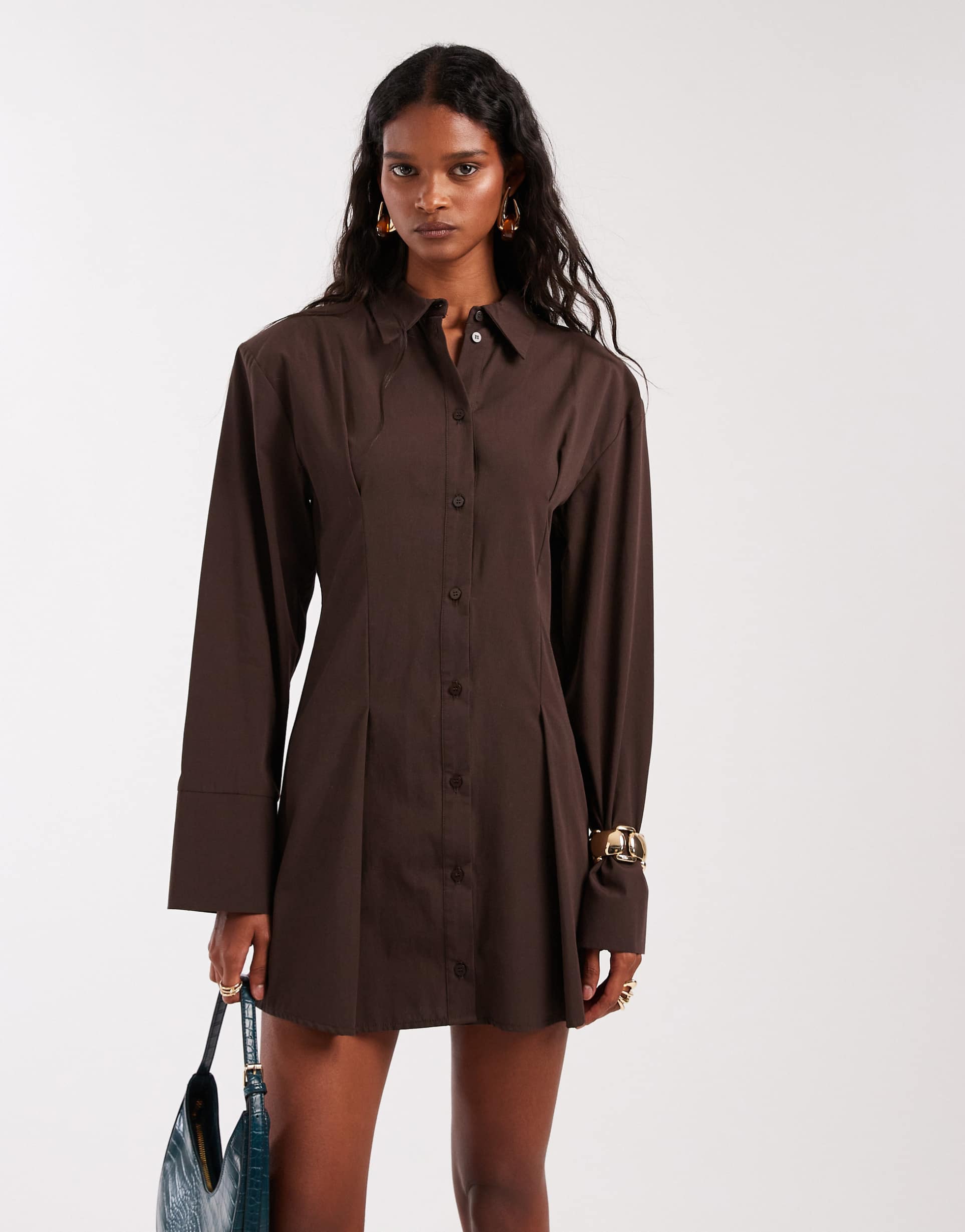 asos design cinched shoulder pad shirt mini dress in chocolate