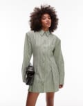 [ASOS DESIGN] ASOS DESIGN cinched shoulder pad shirt mini dress in sage and white stripe-Multi 8 Sage