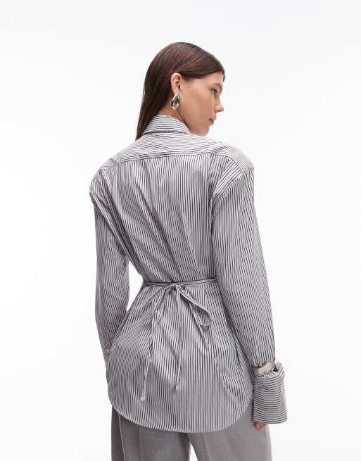 ASOS DESIGN oversized cinch waist shirt with tie in black pinstripe