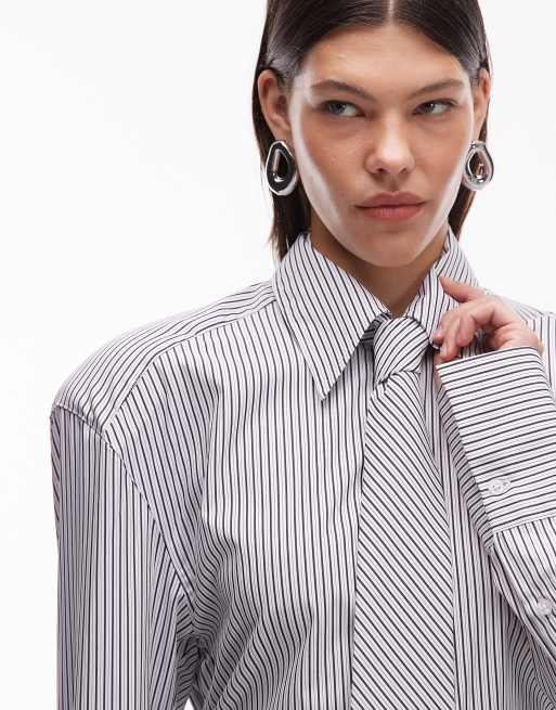 ASOS DESIGN oversized cinch waist shirt with tie in black pinstripe